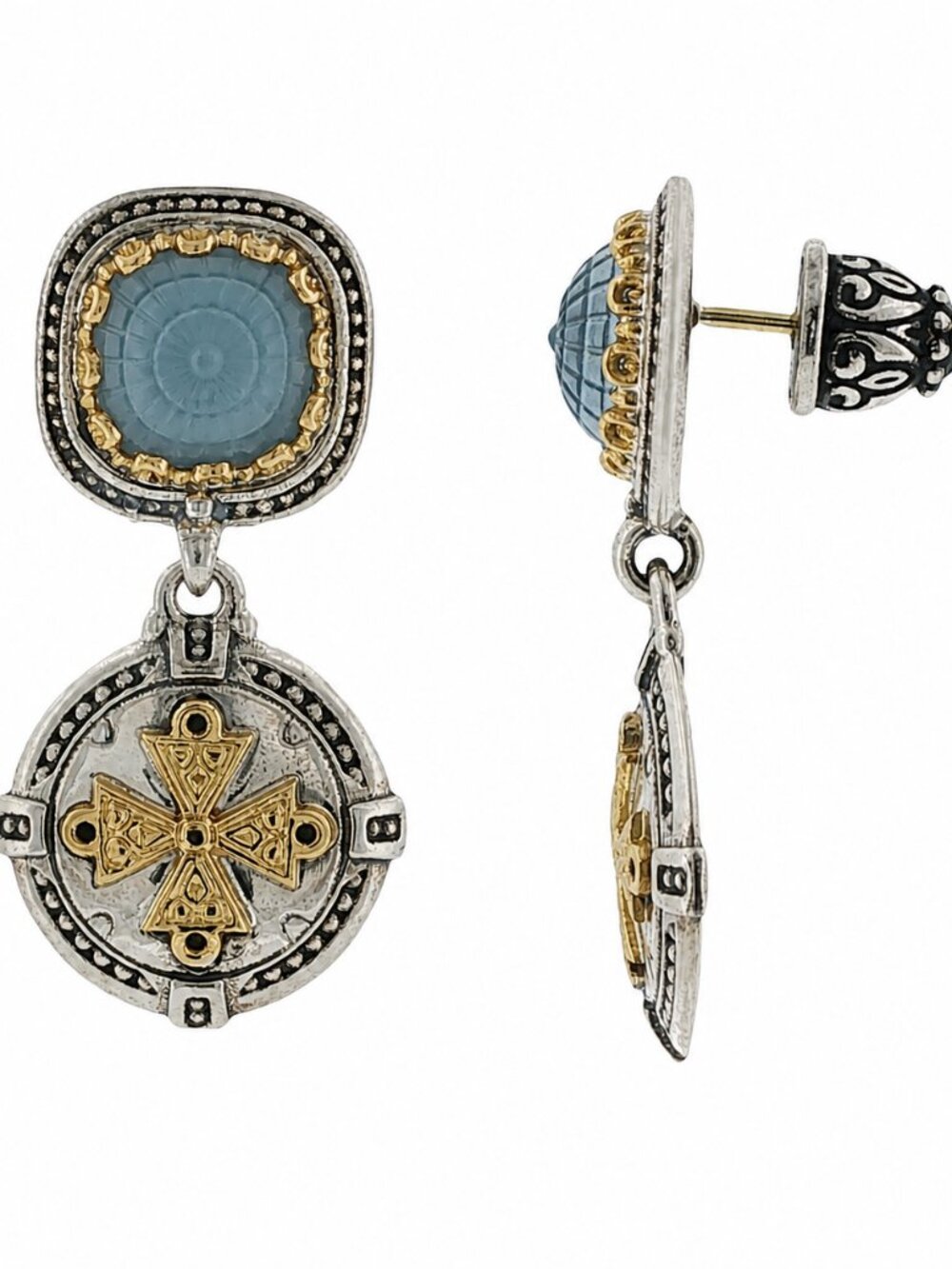 Konstantino 925 Silver & 18K Yellow Gold Dome Blue Spinal Doublet Earrings